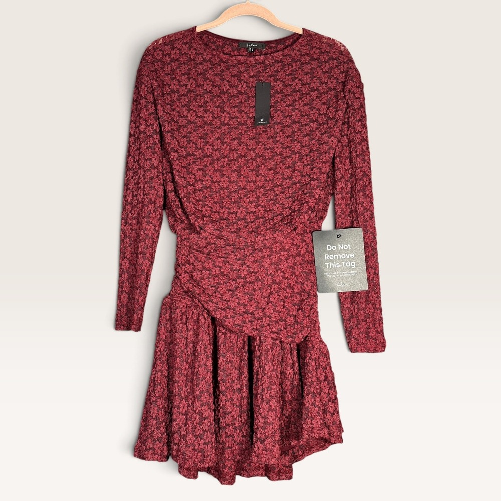 Lulus Zallie Wine Red Textured Drop Waist Mini Dress XS NWT Floral Lace Holidays - Picture 1 of 9